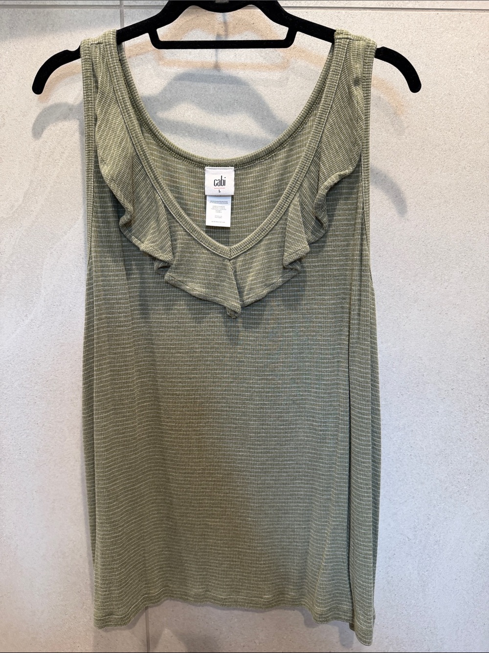 CAbi Olive Ruffle-Trim Ribbed Tank